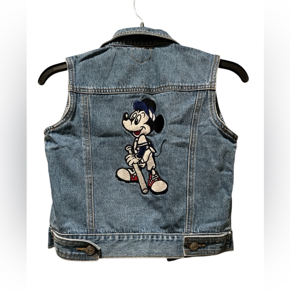 Vintage 90s light blue denim Vest with Mickey Mouse pitcher baseball